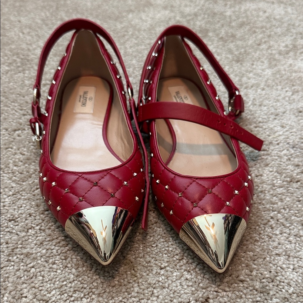 Valentino Red Quilted Leather Pointed Slingback Flats with Gold Caps